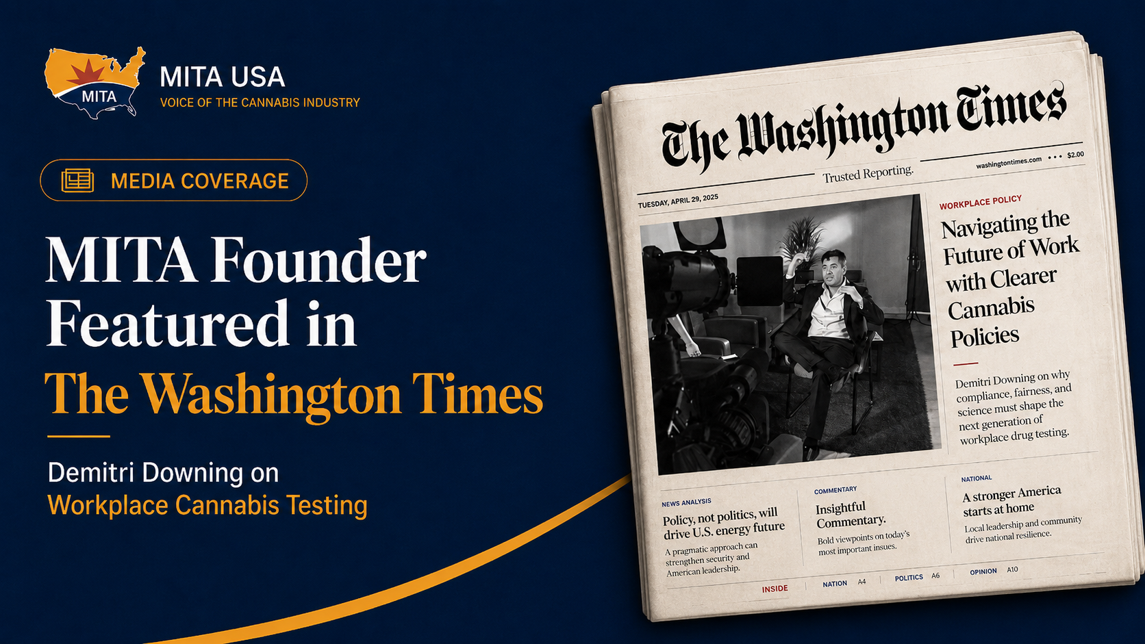 MITA USA media coverage graphic featuring Demitri Downing in The Washington Times discussing workplace cannabis testing.